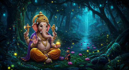 Majestic Night Scene - Lord Ganesha in a Jungle