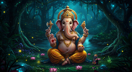 Beautiful Lord Ganesha Sitting in a Jungle at Night