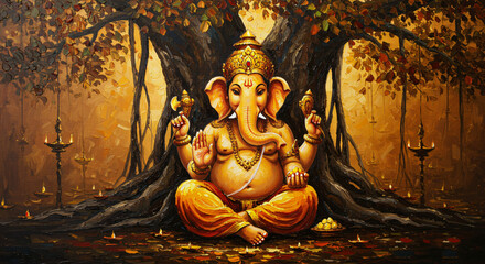 Divine Lord Ganesha - Oil Painted Art on Matte