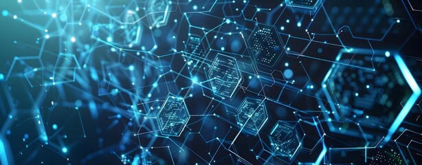 Abstract Technology Background with Glowing Blue Hexagons and Network Connections