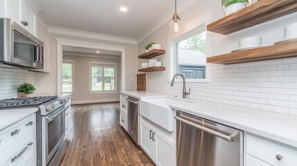 Bright, modern kitchen with open floor plan, white cabinetry, and wood accents