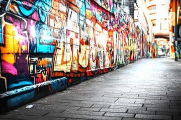 Fototapeta premium Vibrant street art covers urban alleyway walls with colorful graffiti in lively city setting