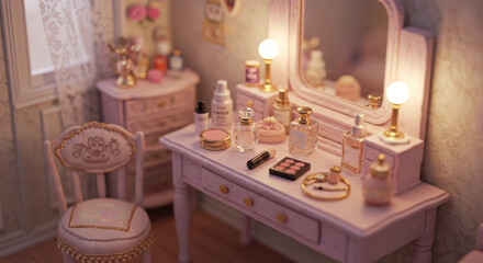 Vintage vanity table with elegant makeup setup and soft lighting in cozy room