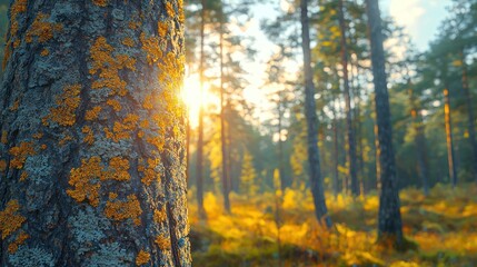 Obraz premium Sunlight filters through autumn forest