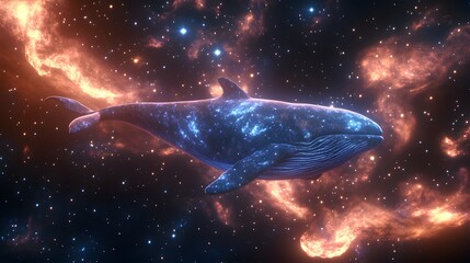 A celestial whale swimming through a cosmic nebula, stars and galaxies reflecting on its glowing blue skin