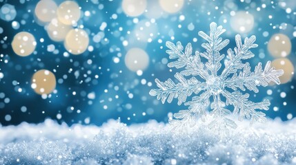 A beautiful snowflake resting on a bed of pristine fresh snow