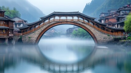 A Bridge through time and mist: A breathtaking bridge gracefully arches over a serene body of water, surrounded by traditional architecture and enveloped in a veil of mist.