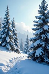 Naklejka premium Pine trees in winter landscape with frozen branches, coniferous tree, snow covered pine, frosty pine