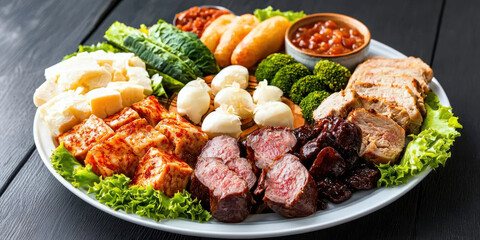 Fototapeta premium vibrant platter featuring variety of meats, vegetables, and side dishes, perfect for gatherings and celebrations