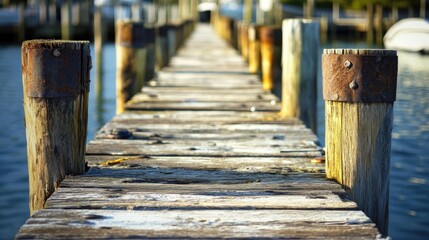 A weathered wooden pier extends into the calm tranquil water