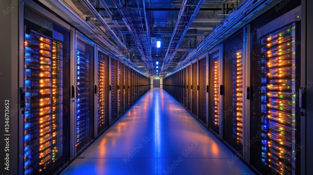 Poster high-tech data center with illuminated servers and cables