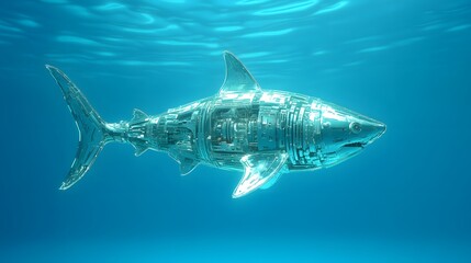 Fototapeta premium A robotic shark swimming in a high-tech underwater laboratory, its body made of sleek metal plates