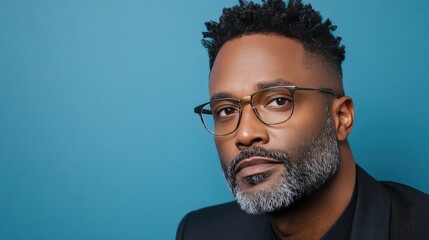 Fototapeta premium Middle-aged Black man wearing glasses and a dark suit sits gracefully at an angle, showcasing confidence and professionalism