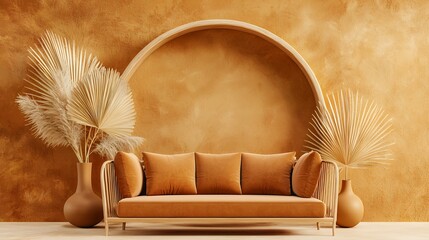 Beige Sofa in Minimalist Interior with Pampas Grass and Round Arch