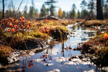 bog during autumn season is a lively and beautiful place, with its foliage changing colors, reflections in water, and a feeling of transition and renewal in wetland