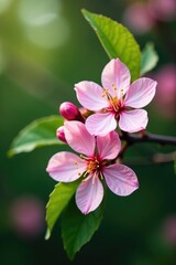 Obraz premium Pink cherry plum blossoms against a green leafy background, blossom, green, foliage