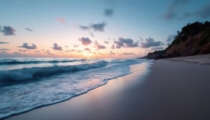 Fototapeta premium Serene Sunset Beachscape: Coastal Tranquility at Dawn