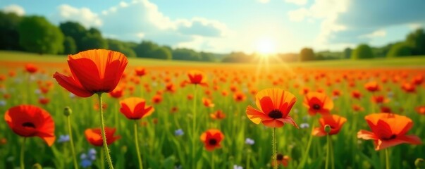 Naklejka premium Poppy field in a lush green meadow with wildflowers, garden, sunflower like, sunlit poppy field