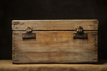 Weathered wooden box with metal clasps displayed on burlap against a dark background