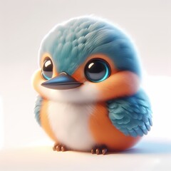 Cute 3D baby kingfisher perched with soft blue and orange feathers