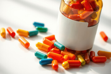Colorful capsules in various shades spill out from a bottle onto a white surface, creating a vibrant and scattered display, symbolizing medication and supplements.