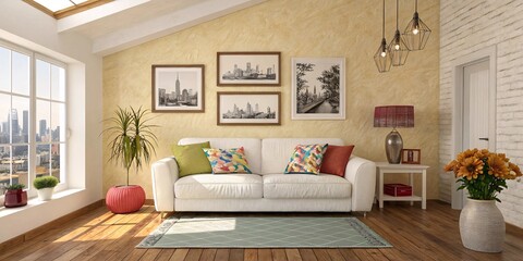 Naklejka premium Cozy Modern Living Room with White Sofa and Bohemian Accents V8