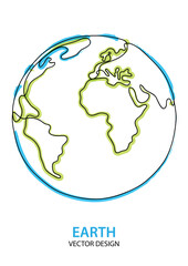bright blue and green colored black and white one continuous line earth globe vector illustration, planet earth drawing isolated on white background with copy space for text