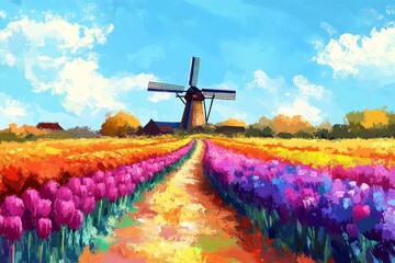Dutch Countryside in Oil, Tulips and daffodils