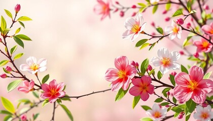 Abstract spring vector background with blooming flowers, green leaves, and branches, design, spring