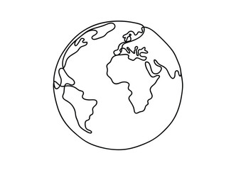 black and white one continuous line earth globe vector illustration, planet earth drawing isolated on white background with copy space for text