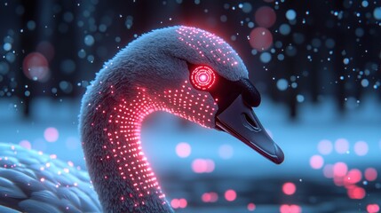 Futuristic swan in snowy forest