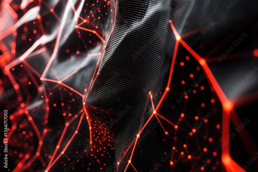 Poster abstract red and black textile with glowing lines and nodes