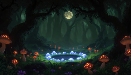 Obraz premium Enchanted Moonlight Forest: A Mystical Pond Surrounded by Glowing Mushrooms Under the Full Moon's Gentle Radiance