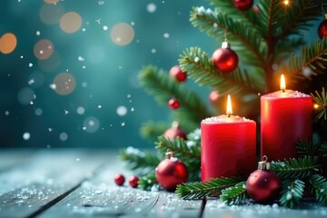 Snowflakes fall gently on a festive winter scene with candles and evergreen branches, red and green colors, winter scene, festive decor
