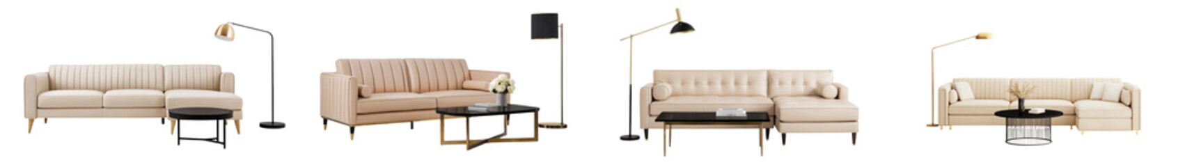 A beautifully designed living space featuring a sleek minimalist sofa set with neutral toned cushions and cozy accents creating a peaceful and inviting atmosphere