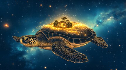 A gargantuan turtle with an island on its back, swimming through a glowing celestial ocean