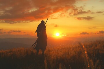 Fototapeta premium Solitary warrior stands bathed in golden sunset.