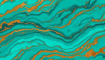 Fototapeta premium Abstract turquoise marble texture with bronze accents, fluid art waves, sophisticated, ocean