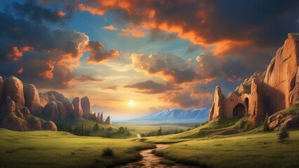 A dramatic landscape featuring a natural stone arch in a vibrant orange-red rock formation,