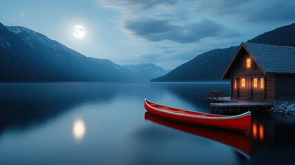The red canoe floats gently on the lake as a full moon illuminates the mountains and a rustic wooden house nearby