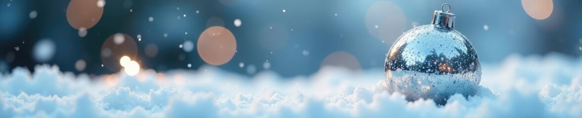 Naklejka premium Sparkly silver Christmas ball on a snowy white surface, Silver, snow
