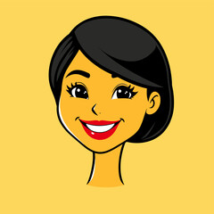 A cheerful character with short black hair beams with a wide, happy smile