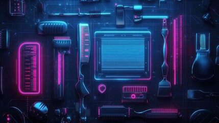 Naklejka premium Neon Cleaning Tools Tech Background Flatlay