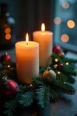 Twinkling candles on evergreen branches forming a festive border, Winter, Decorations, Evergreen