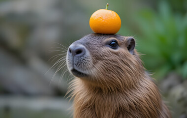 Capybara balancing an orange on its head