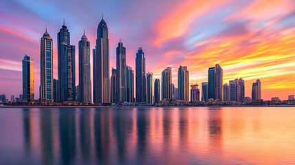 Obraz premium Spectacular Sunset over Dubai Skyline Reflecting in Tranquil Waters
