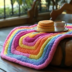 Rainbow colored rug with cookies and tea