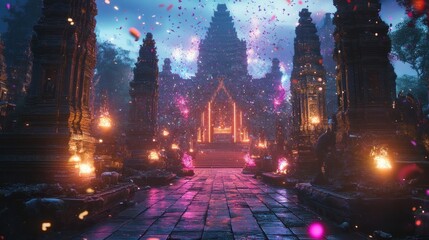 Obraz premium Angkor Wat Night Festival Flower Petals Fall