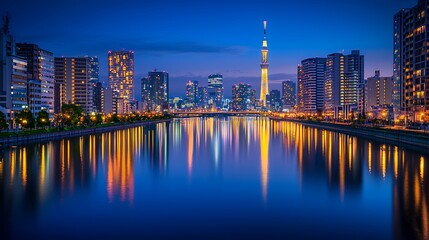 Fototapeta premium Spectacular Tokyo Skyline at Night Reflected in the Sumida River