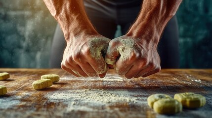 Strong male hands powerfully knead dough covered in flour prepa homemade gnocchi pasta on rustic wooden table in a dark moody kitchen setting.